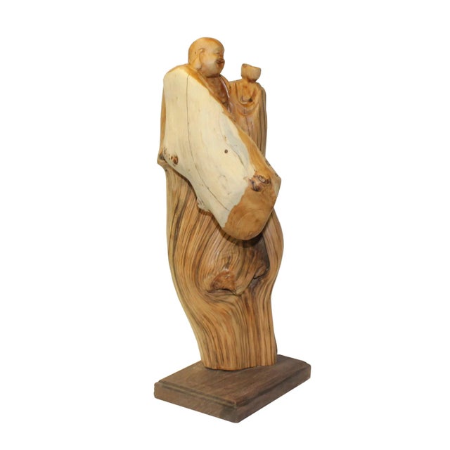 Chinese Cypress Wood Carved Irregular Shape Happy Buddha Statue For Sale - Image 4 of 8