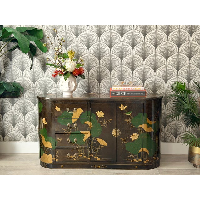 Vintage Mid-Century Modern Hand-Painted Asian Chinese Chinoiserie-Style Lacquered Oval Credenza Buffet Sideboard Cabinet...