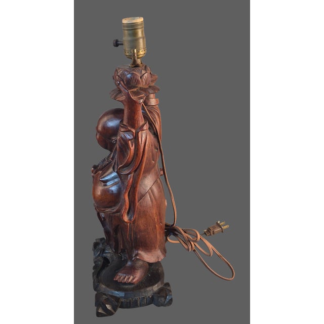 Antique Hand Carved Hardwood Hotei Happy Joyous Buddha Arms Raised Holding a Lotus Flower Table Lamp For Sale - Image 10 of 16