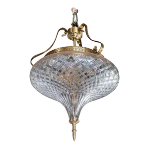 Vintage Art Nouveau Hanging Fixture Brass & Crystal Cut Glass Light