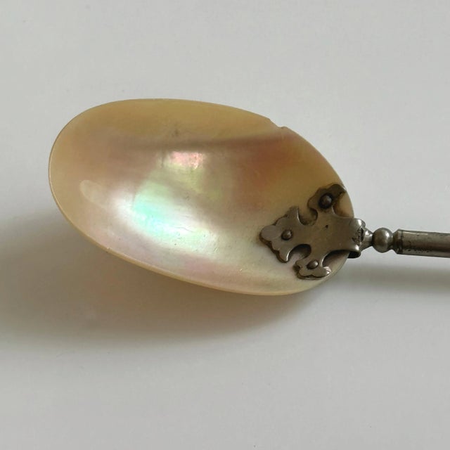 Art Nouveau Antique Art Nouveau Abalone Mother of Pearl Spoon With Ornate Metal Handle For Sale - Image 3 of 6
