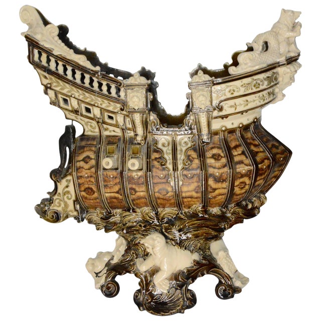 Late 1800s Majolica Ship Surrounded by Animals For Sale