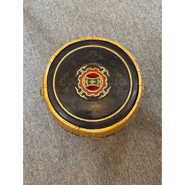Hand-painted Asian bent wood drum storage stool from the mid 20th century. Decorated with both paint and polychrome...