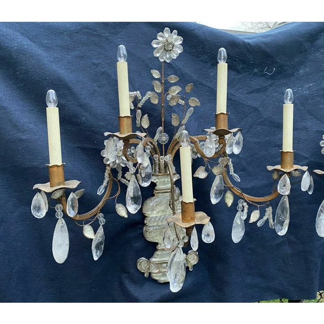 Art Deco 1930's Monumental Regency Maison Bagues Rock Crystal 5 Light Floral Wall Sconces a - Pair For Sale - Image 3 of 12