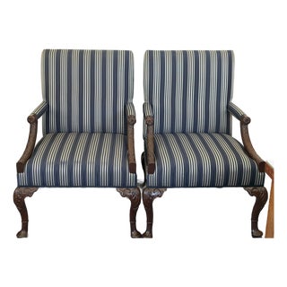 Pair of Kittinger Mahogany Carved Library Armchairs in Ralph Lauren Pinstripe Silk For Sale