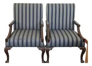 Pair of Kittinger Mahogany Carved Library Armchairs in Ralph Lauren Pinstripe Silk