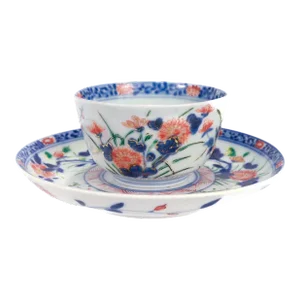Antique Japanese Arita Porcelain Handleless Cup & Saucer With Cherry Blossoms