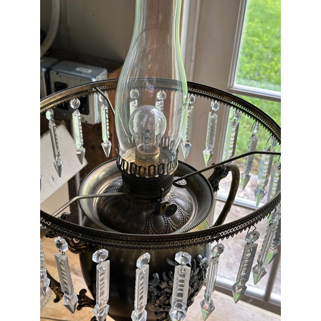 Old Lights On is pleased to offer this rare large Bradley & Hubbard kerosene lamp with hand painted shade. It has been...