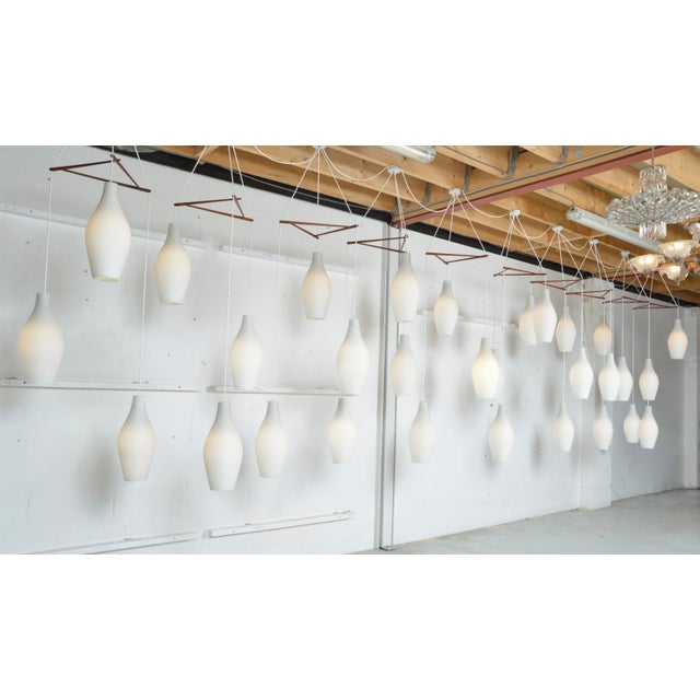 1960s Mid-Century Scandinavian Three-Drop Cascade Opaline Cased Glass Bowling Pin Lights in Teak, 1960s For Sale - Image 5 of 15