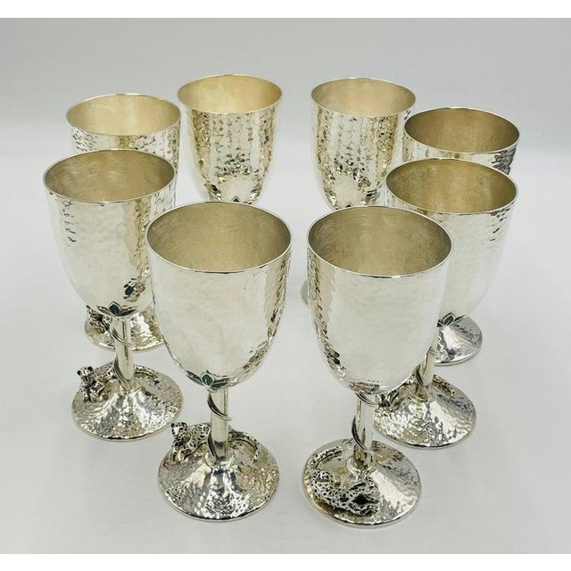 Emilia Castillo 1980s Set of 8 Silver Plated & Crushed Emerald Wine/Water Goblets by Emilia Castillo For Sale - Image 4 of 18