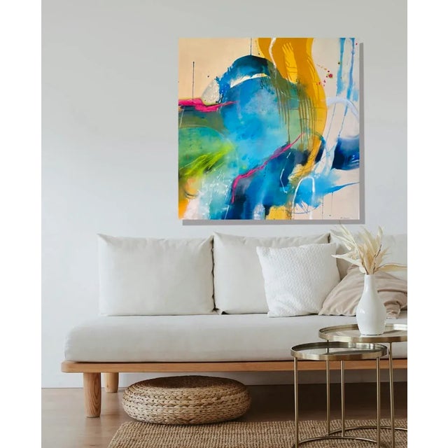 A large original expressive bold abstract painting in blues, greens, golden yellow, with hints of hot pink, magenta and...
