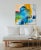 A large original expressive bold abstract painting in blues, greens, golden yellow, with hints of hot pink, magenta and...
