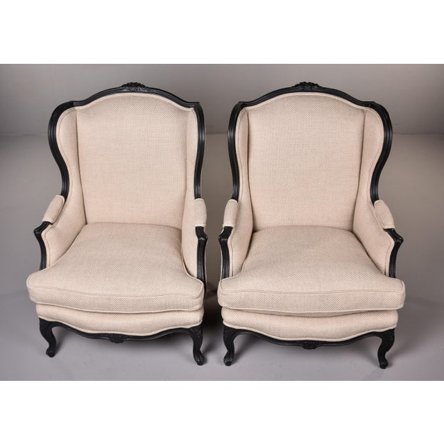 1940s Vintage Louis XV-Style Carved Wingback Chairs With New Upholstery - Pair For Sale - Image 5 of 11