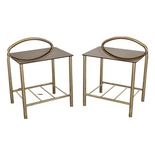 Vintage Gold-Tone Metal and Smoked Mirrored Glass Bedside Tables, 1970s, Set of 2 For Sale