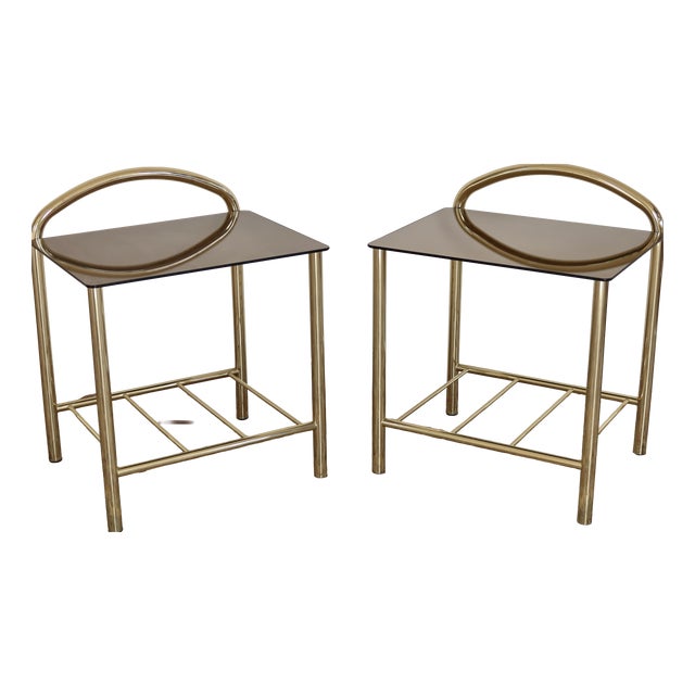 Vintage Gold-Tone Metal and Smoked Mirrored Glass Bedside Tables, 1970s, Set of 2 For Sale