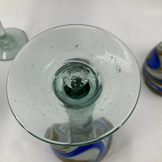 Mexican Reclye Hand Blown Glass Pitcher and 5 Goblets with Blue and Tan Swirl Design For Sale - Image 10 of 12