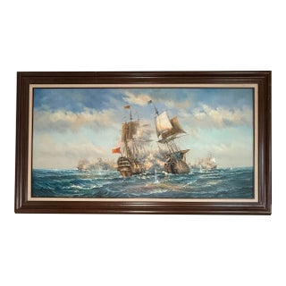 1950s J. Harvey Naval Battle Maritime Oil on Canvas Painting For Sale