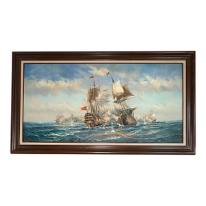 1950s J. Harvey Naval Battle Maritime Oil on Canvas Painting
