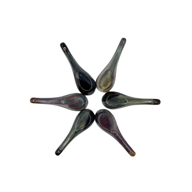 Charcoal Asian Modern Vietnamese Ceramic Soup Spoons Hand Painted in Multicolor Stoneware - Set of 6 For Sale - Image 8 of 8