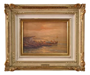 Remo Testa, Fishermen at Sunset, 1950, Oil on Canvas, Framed