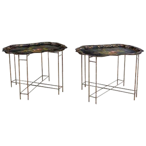 English Faux Bamboo Toleware Tray Tables - a Pair