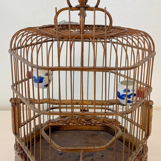 Vintage Chinese Bamboo Hexagon Songbird Cage With Porcelain Seed Cups For Sale - Image 4 of 8