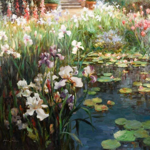 Impressionist Late 20th Century Framed Signed Zhao Song the Conservatory Garden Oil on Canvas For Sale - Image 3 of 9