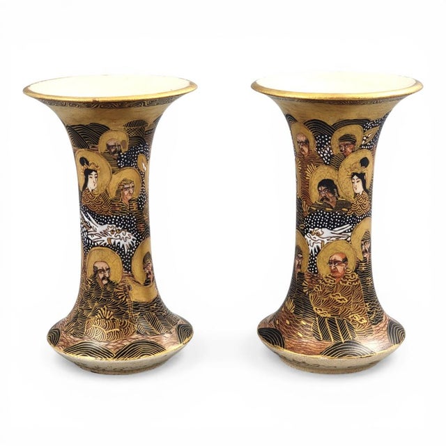 Japanese Satsuma Hododa Vases with Dragon and Rakan, Set of 2 For Sale - Image 3 of 12