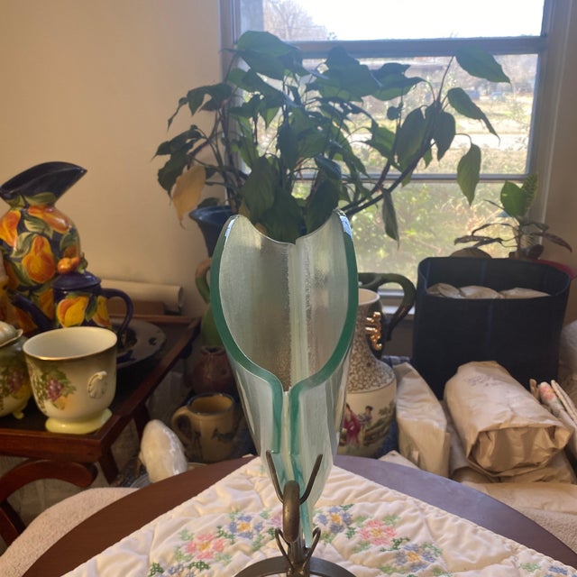 Studio Art Glass Fan Vase Wrought Iron Stand For Sale In San Antonio - Image 6 of 7