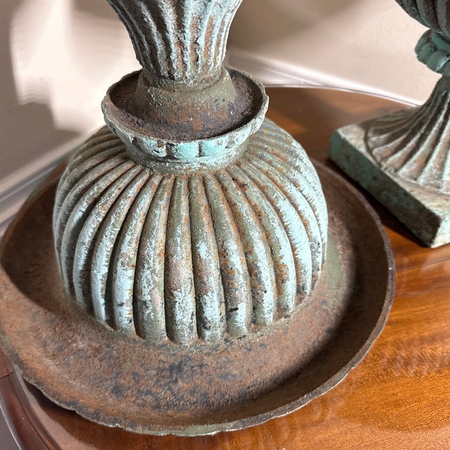 Metal Vintage Pair French Country Cast Iron Verdigris Green Garden Urns Planters Set For Sale - Image 7 of 7