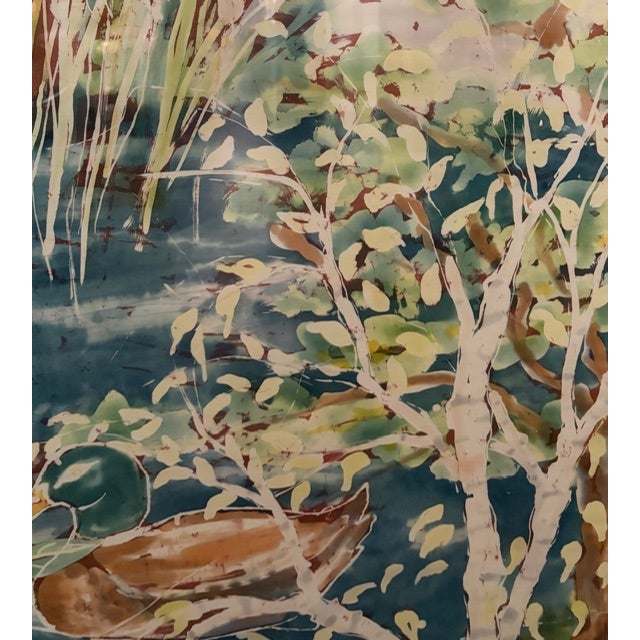 Blue Large Mid Century Printed Silk Wall Hanging of Mallard Ducks in a Pond, Framed, Signed For Sale - Image 8 of 13