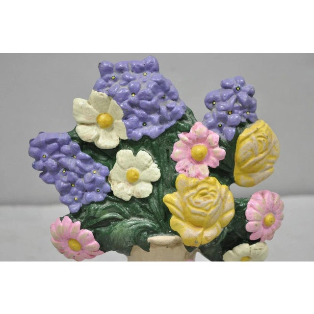 Victorian Antique Victorian Cast Iron Figural Floral Bouquet Basket Pink Painted Door Stop For Sale - Image 3 of 10