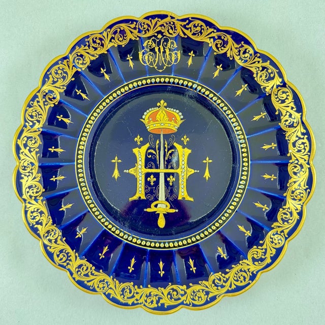 Ceramic Gustave Asch French Tours Blue & Gold Porcelain Crest Plates, Set of Six For Sale - Image 7 of 18