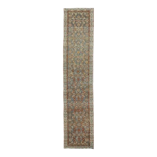 Antique Oriental Runner - Hand-Knotted Wool Muted Blue & Rust Oushak Style 3x13 For Sale