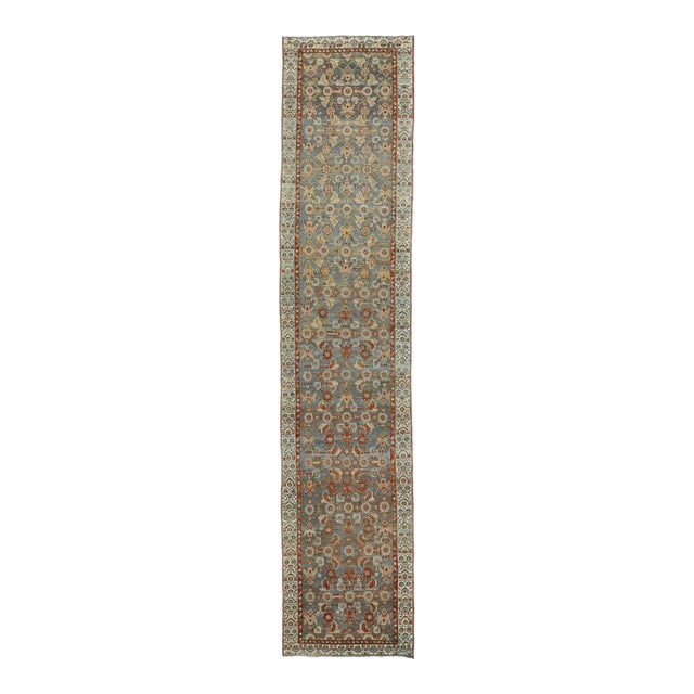 Antique Oriental Runner - Hand-Knotted Wool Muted Blue & Rust Oushak Style 3x13 For Sale