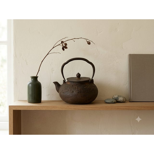 Vintage Rustic Mixed Iron Relief Cranes Motif Teapot Shape Display Art For Sale In San Francisco - Image 6 of 11