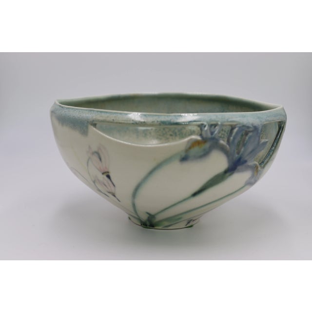 Vintage 1990s Robert Finn Porcelain Studio Art Pottery Cutout Work Iris & Columbine Bowl/Centerpiece Signed For Sale - Image 10 of 10