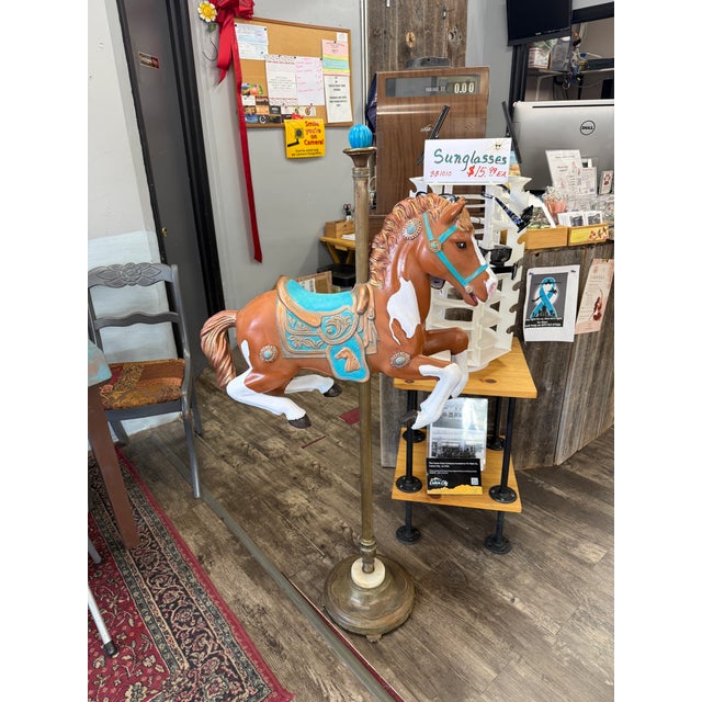 Hand Painted Antique Carousel Horse With Brass Torchiere Stand For Sale - Image 4 of 16