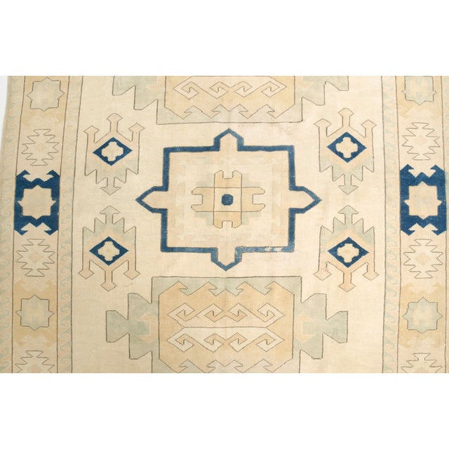 Vintage Turkish Area Rug, 9'0" X 6'6" Hand-Knotted Geometric Oushak Carpet, Cream and Blue Decorative Wool and Cotton Blend Rug For Sale - Image 10 of 10