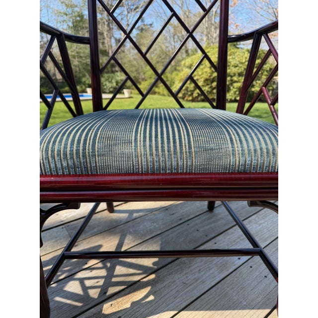 2010s Air of Baker Chinoiserie Lacquered Lounge Chairs With Geometric Lattice Backs & Upholstered Seats For Sale - Image 5 of 18