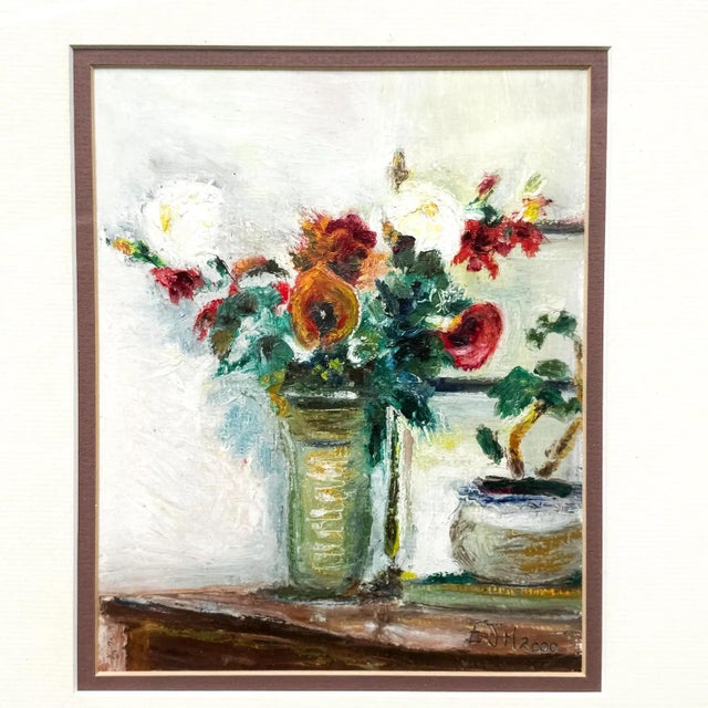 Mid-Century Modern Vintage Floral Still Life Oil Pastel by Emma Mackenzie: Scottish Art, Framed 13x15" For Sale - Image 3 of 4