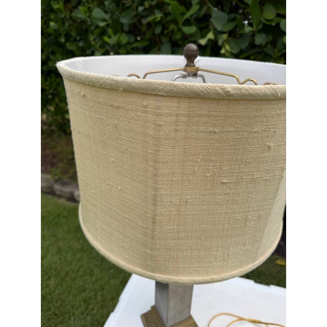 Vintage Greek Key Geometric Brass Table Lamp With Linen Shade For Sale - Image 10 of 12