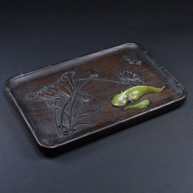 Art Deco Chinese Red Huali Wood Tray With Jade Inlay Lotus & Fish Motif – Handcrafted Auspicious Serving Tray For Sale - Image 3 of 10