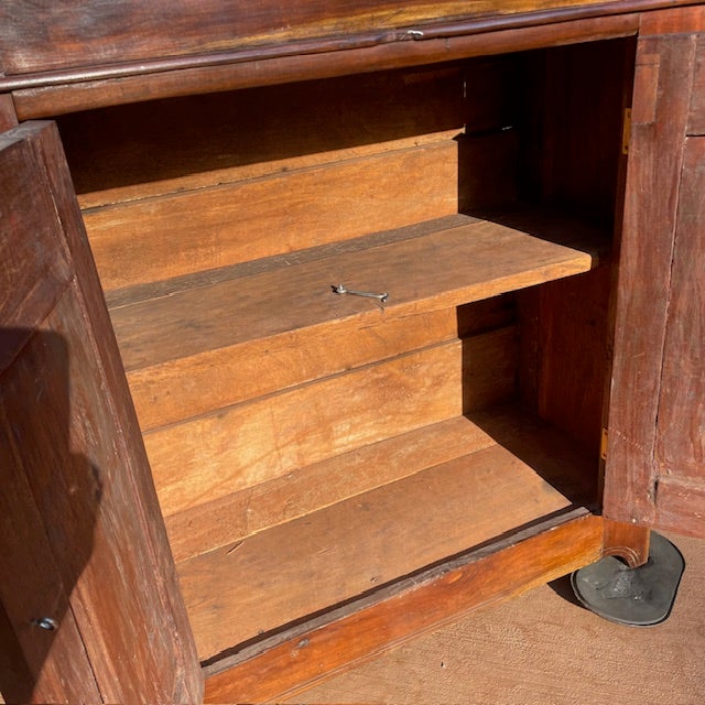 Vintage Rustic Dark Pine Wood Chiffonier Cabinet W/ Scrolled Top - Shelf & Drawer For Sale - Image 11 of 18
