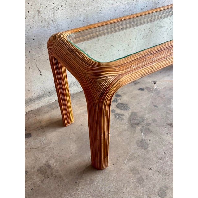 1970s Vintage 1970s Pencil Reed Waterfall Console Table With Glass Top For Sale - Image 5 of 6
