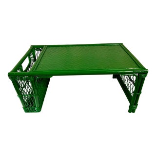 Vintage Ficks Reed Style Newly Painted Green Bamboo and Wicker Breakfast Tray For Sale