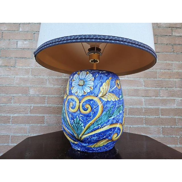 Textile Painted Ceramic Table Lamp with Fabric Lampshade, 1970s For Sale - Image 7 of 16