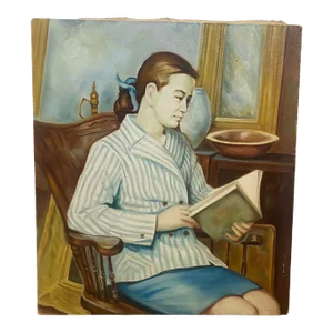 Vintage Acrylic on Canvas Portrait Painting of a Woman Reading, Circa 1960