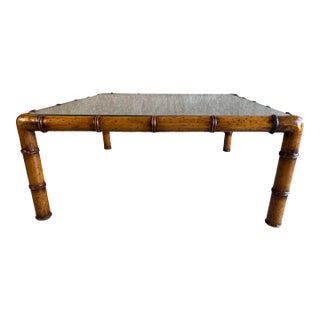Vintage Mid 20th Century Palm Beach Regency Style Square Faux Bamboo Coffee Table With Rattan Cane and Glass Top For Sale