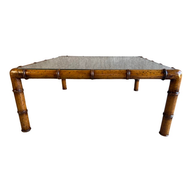 Vintage Mid 20th Century Palm Beach Regency Style Square Faux Bamboo Coffee Table With Rattan Cane and Glass Top For Sale